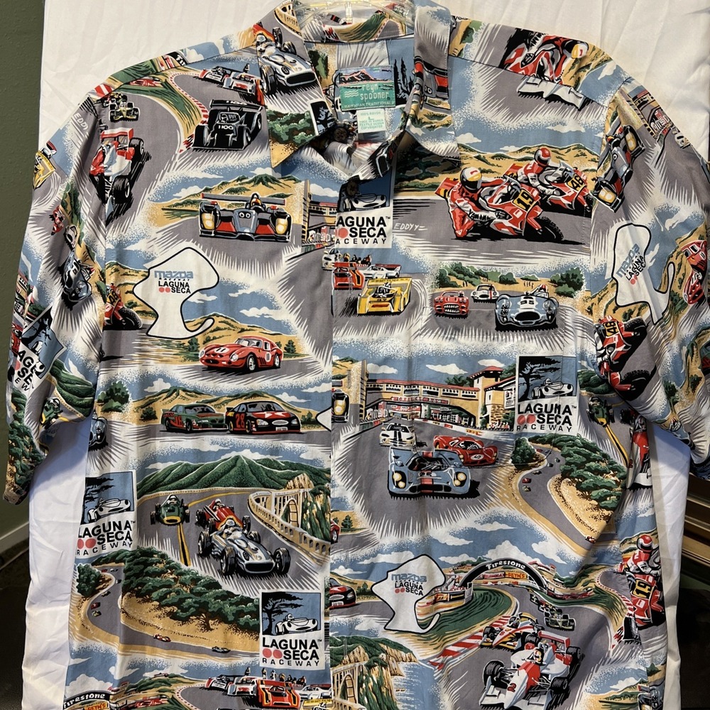 Reyn Spooner Laguna Seca Raceway Shirt L Rayon Eddy Y Art Mazda Racing Ferrari